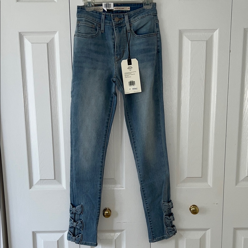 Levi's 721 Light Blue High Rise Skinny Jeans with Ankle Bows Detail